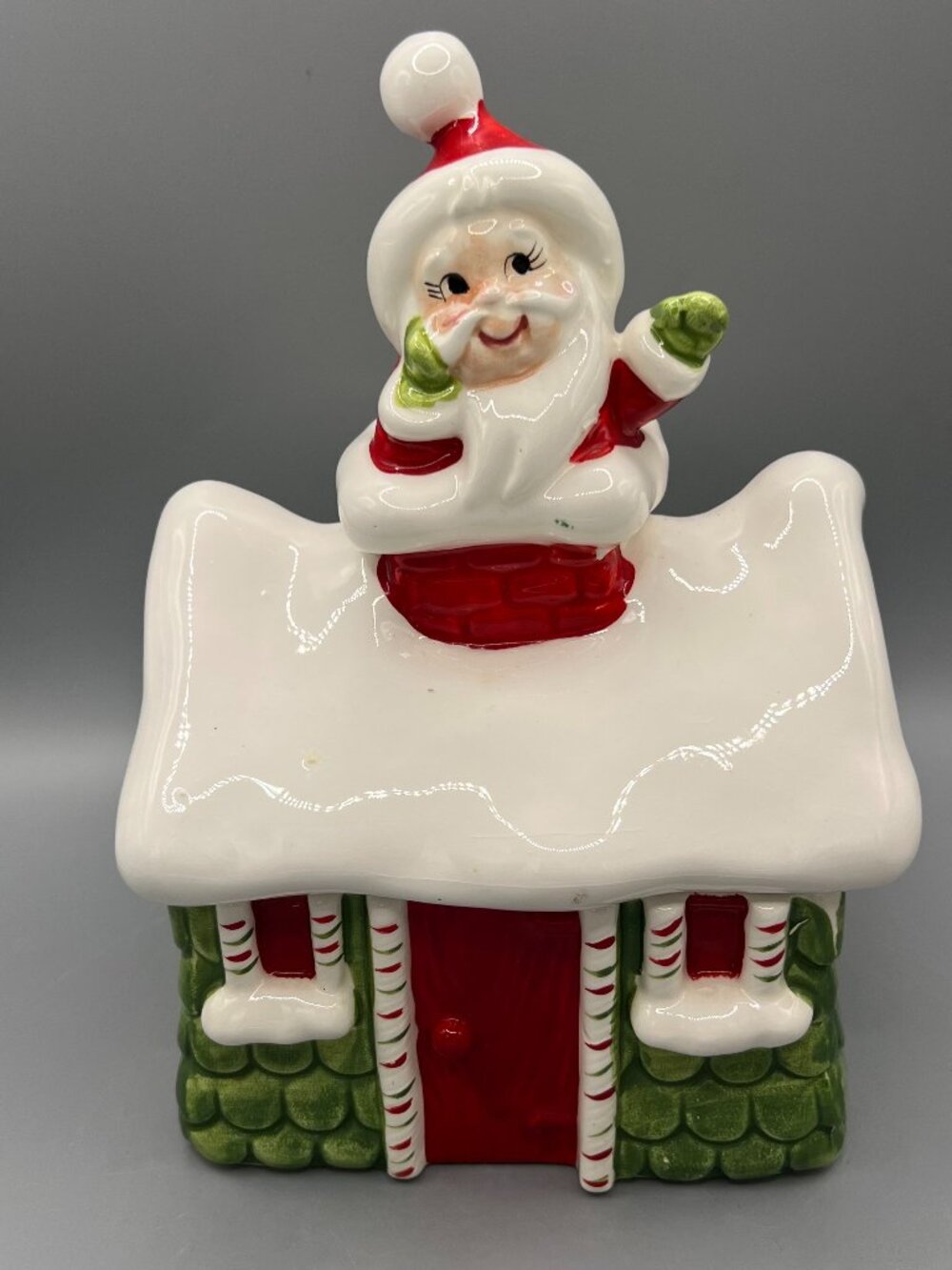 Vintage Lefton Santa In Chimney On Rooftop Ceramic Candy Jar